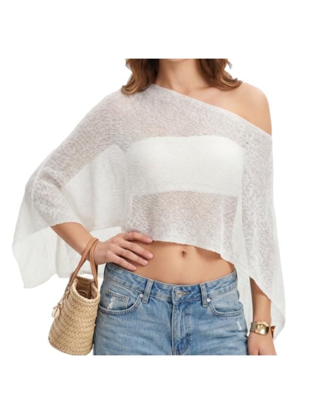 Women's Sheer Knit Poncho Off Shoulder Crochet Mesh Shrug Shawl Cover Up